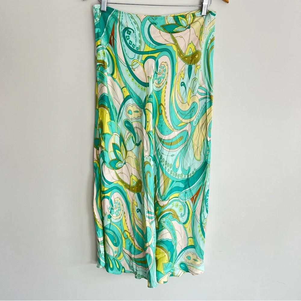 ZARA Sea Green Spring Multicolor 100% Viscose A Line Side Zip Midi Skirt Sz L